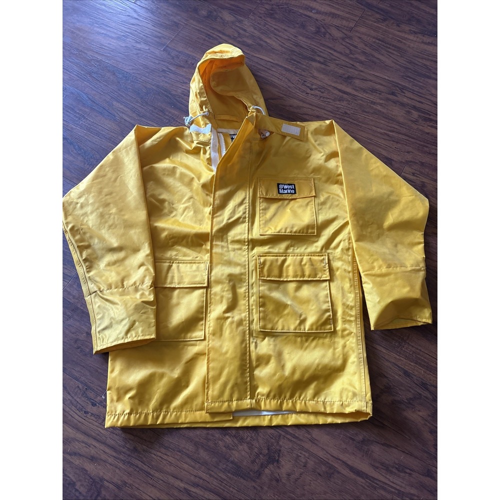 West Marine Nautical Gear Waterproof Jacket Mens S Hood Pockets Full Zip Yellow